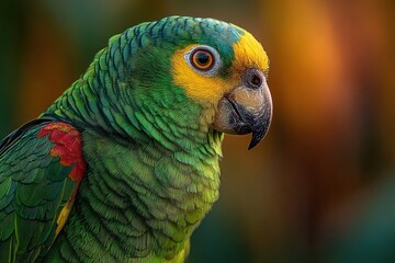Obraz premium Vibrant Parrot Portrait: A close-up view of a striking parrot with vivid green and yellow plumage, exuding personality and exotic beauty.