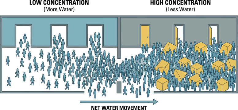 Osmosis biology diagram showing water movement from low to high concentration using people in crowded rooms metaphor to explain gradient for science education aid.