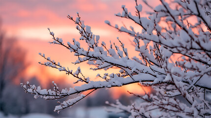Delicate Snowy Tree Branch Silhouettes Against Sunset Sky