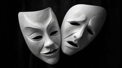 Monochrome theater mask duo with contrasting expressions on a dark stage