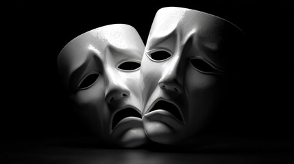 Monochrome theater mask duo with contrasting expressions on a dark stage