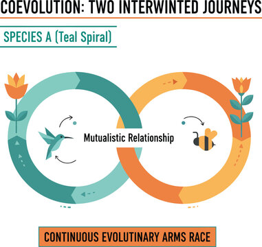 Coevolution diagram showing intertwined evolutionary journeys of species in mutualistic relationship and continuous arms race for biology science education aid.