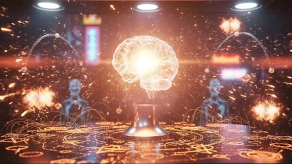 Glowing human brain hologram with futuristic technology and abstract energy sparks. - Powered by Adobe