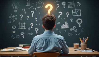 Young boy sits at desk before chalkboard with many question marks and drawings. He ponders finding answers to complex problems or new ideas. Brainstorming for knowledge.