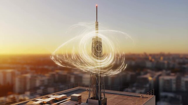 5G signal tower on urban rooftop emitting pulsating digital waves during golden hour, symbolizing futuristic wireless network expansion