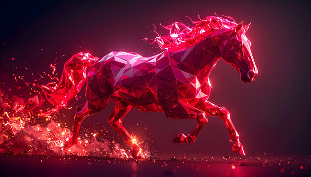 A futuristic red horse runs dynamically through a dark, neon-lit environment from a side viewpoint.