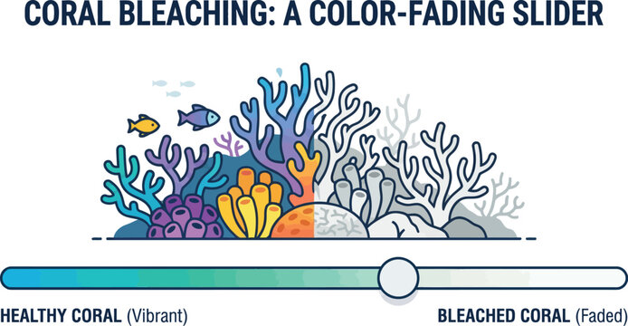 Ocean ecology diagram showing healthy vibrant coral reef fading to white bleached state due to climate change using color slider concept for environmental science.