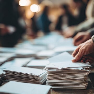 Document management workflow hands organizing paperwork stack in corporate office environment for business administration and compliance process Close-Up of People in a Busy Office Setting