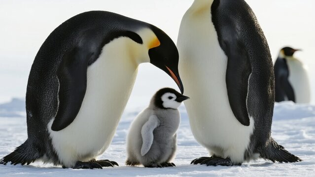 Emperor penguins with chick standing on snow in Antarctic environment - Powered by Adobe