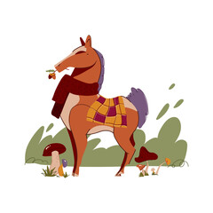 Cozy autumn flat vector illustration of a charming brown horse mascot wearing a knitted red scarf and plaid blanket, standing in a woodland meadow with mushrooms and a fall acorn
