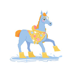 vector illustration of a cheerful blue horse mascot wearing a decorative yellow raincoat with an Easter egg pattern and rubber rain boots splashing through a spring puddle