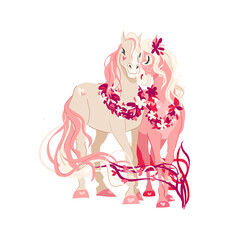 Romantic flat vector illustration of an affectionate horse couple adorned with pink floral wreaths and floating hearts, perfect for Valentine's Day and 2026 Chinese zodiac themes