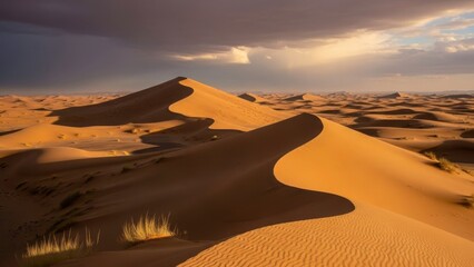 A serene desert landscape with sand dunes under a cloudy sky at sunset