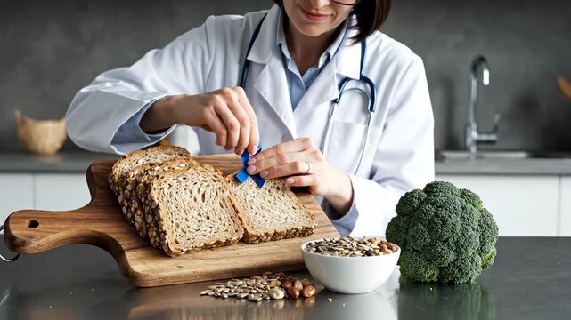 Nutritionist shows diabetes ribbon near bread and broccoli. Doctor holds ribbon with healthy food on table. Nutritionist promotes diabetes diet with bread. Healthy nutrition for diabetes care.