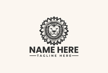 Fototapeta premium A black and white illustration of a lion's head logo with a sunburst design, text 'NAME HERE' and 'TAGLINE HERE' on a clean white background.