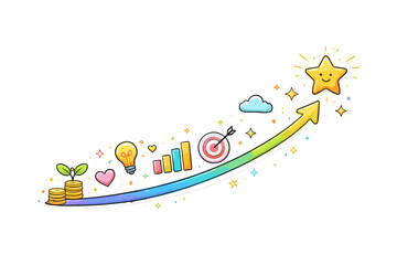 Colorful success trajectory with growth icons and happy star