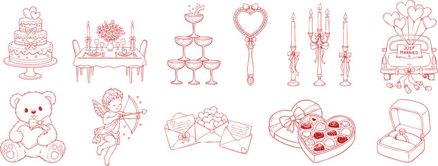 Hand Drawn valentines and wedding illustration set with cake dinner table champagne candles cupid gifts teddy bear and just married car isolated on  transparent