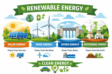 Renewable energy sources: solar, wind, hydro, and geothermal power for clean energy
