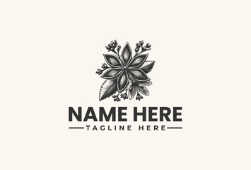 A grayscale logo design featuring a stylized flower icon with leaves and text placeholder on a beige background, illustration, vector.