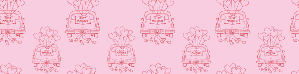 Seamless Valentine's Day pattern with hand drawn newlyweds' car and heart-shaped balloons, romantic designs on a pink background.