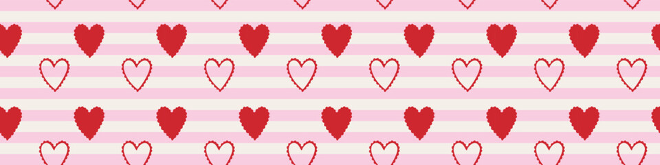 Valentines seamless pattern with red lace hearts on pink striped background romantic decorative repeating design