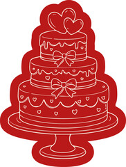 Red wedding cake illustration hand drawn romantic layered dessert with hearts and bows isolated on transparent background