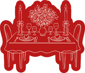 Red romantic dinner table illustration handdrawn with candles flowers wine glasses and heart plates for valentines or wedding isolated on transparent