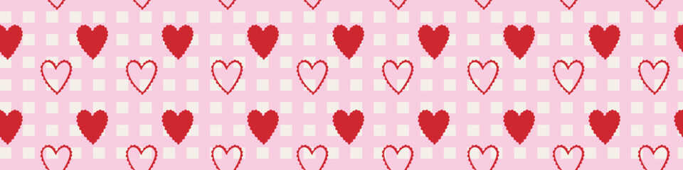 Valentines seamless pattern with red lace hearts on pink checkered background romantic cute repeating design