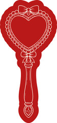 Red heart hand mirror illustration handdrawn romantic vintage accessory with bows and lace details isolated on transparent background