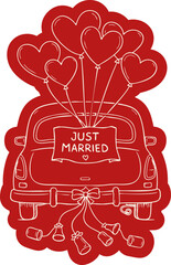 Red just married car illustration handdrawn romantic wedding vehicle with heart balloons and bows isolated on transparent background