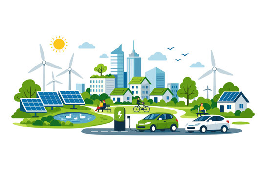 Sustainable city scene with solar panels, wind turbines, and electric cars promoting eco-friendly living