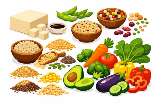 Variety of plant-based foods including vegetables, grains, and legumes for healthy eating