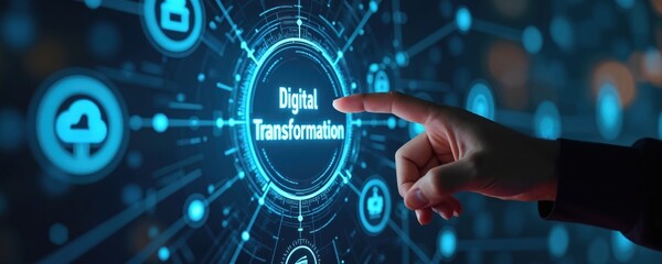 Hand presses digital transformation button on futuristic screen. Futuristic interface shows data flow, cloud storage icons. Business modernization, tech innovation concept.