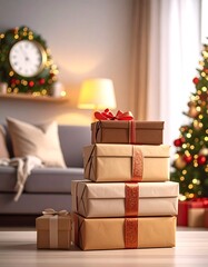 Stacked presents with festive ribbons are on a hardwood floor, while a decorated tree, clock, and sofa create a holiday scene