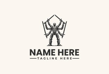 A black and white illustration of a skeleton holding swords in a logo design with a tagline on a plain background.