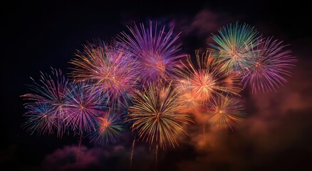 Dazzling Multi-Colored Fireworks Exploding in Dark Night Sky, Creating a Vibrant Festive Celebration.