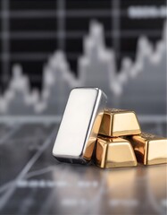 Gold and silver bars with rising market chart background