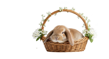 Brown lop eared rabbit in a woven basket with white flowers bunny brown rabbit