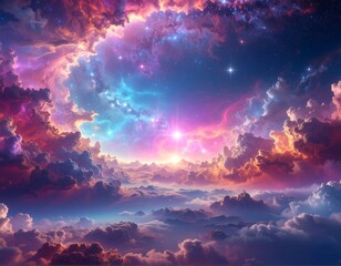 Vibrant clouds swirling in a celestial dance, kissed by colorful nebula, stars twinkling above a misty horizon