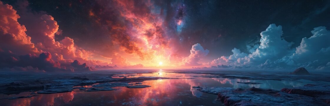 Vast alien landscape at twilight features dramatic red and blue clouds reflected in a shallow, glassy ocean. Distant sun sets under starry night sky on a surreal, otherworldly terrain.