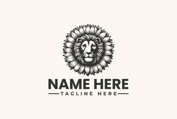 Black and white illustration of a lion's head logo with a spiky mane on a beige background, with space for a company name and tagline in a modern design. © vectorvovdesign