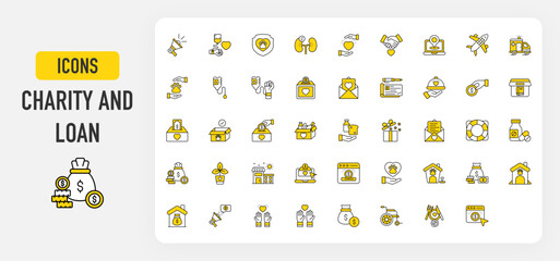 Set of Charity and Loan vector. Loudspeaker, Donation, Volunteers, Protection, Kidney Transplant, Shake Hand, Location, Air Transportation, Ambulance, Animal Care, Blood Bottle illustration. © VisualMarket