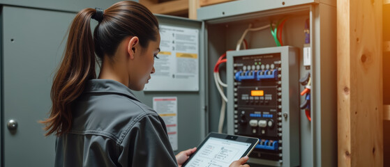 Technician inspects electrical equipment while using tablet for monitoring and diagnostics. environment is industrial, showcasing control panel