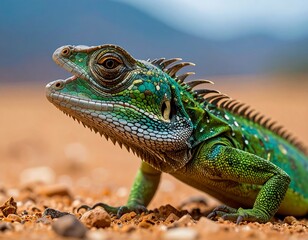 Vibrant green lizard with open mouth on sandy ground, blurry background, showing scales and texture in nature, macro