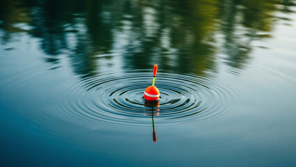 Fishing float bobbing in water, calm water surface with quiet fishing moment and peaceful lake scene, suitable for article header, blog illustration, and nature-themed editorial use.