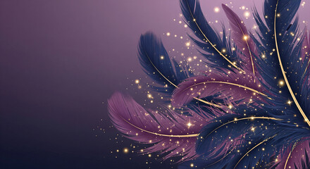 A colorful feather with a blue and purple background