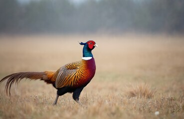 Ring necked pheasant male bird walks in dry grass field. Colorful fowl has iridescent plumage and long tail feathers. Wildlife bird looks toward right side.