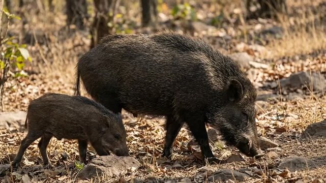 moupin pig wild boar family searching for food in indian forest