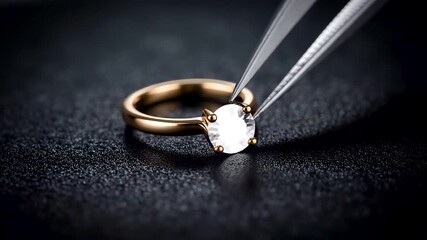 Jeweler using tweezers placing sparkling diamond solitaire gold ring black textured background luxury jewelry crafting