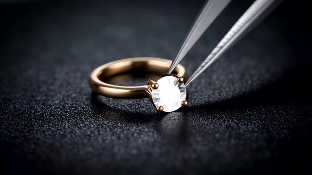 Jeweler using tweezers placing sparkling diamond solitaire gold ring black textured background luxury jewelry crafting